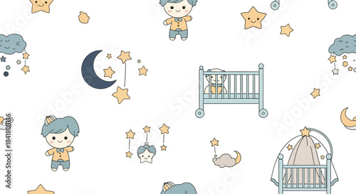 Cute sleeping boy and stars pattern for baby nursery wallpaper