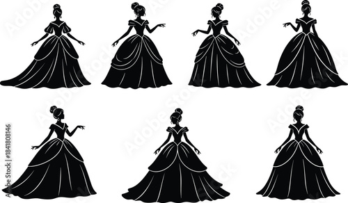 Ball gown silhouette illustration, elegant women poses, formal fashion, black icons, vector art, cad drawing flat vector illustration