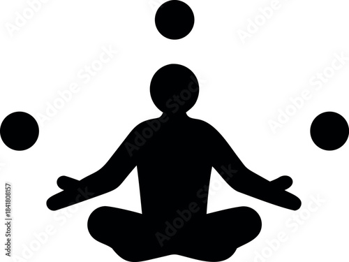 Man meditating with floating goal icons and abstract elements