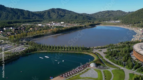 Manzherok Hotel in the Altai Mountains, captured from a drone at high altitude