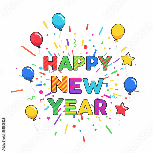 A cheerful New Year design featuring rainbow “Happy New Year” text surrounded by balloons, stars, and festive sparkles.