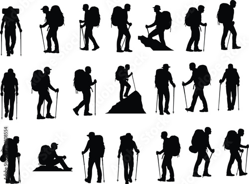 Hiker silhouette illustration, trekking poses, backpack gear, outdoor adventure, black icons, vector art, cad drawing flat vector illustration