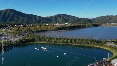 Manzherok Hotel in the Altai Mountains, captured from a drone at high altitude