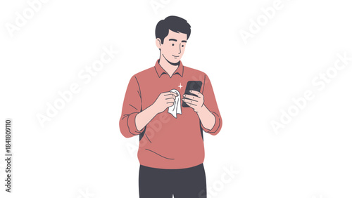 A man cleaning his phone symbolizing hygiene, technology and modern life illustration