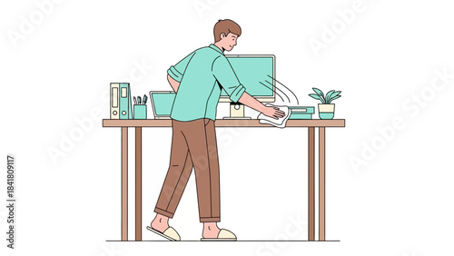 A man cleaning the office desk, a hygiene concept illustration, daily routine