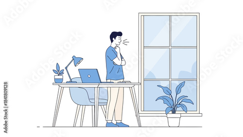 A man contemplates ideas next to a desk looking at a window thinking of something nice