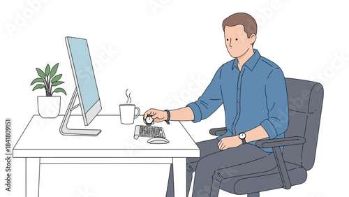 A man in office working with computer, checking the time and enjoying a coffee break
