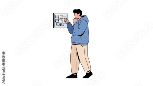 A man is looking at a planning board with sticky notes in a simple illustration