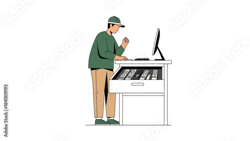 A man is working on the computer with a table full of control remotes.