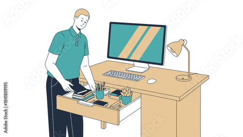 A man organizing his workspace at a desk with computer, books, and office supplies