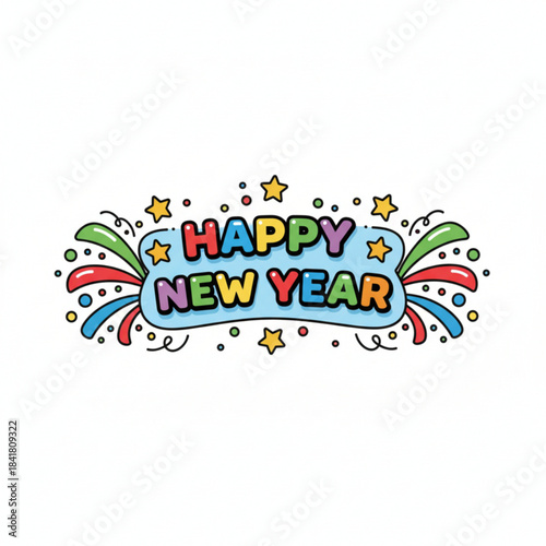 A cheerful New Year design featuring rainbow “Happy New Year” text surrounded by balloons, stars, and festive sparkles.