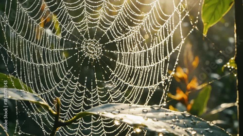 Spider Web Covered With Dewdrops, Bokeh Effect, Slow Motion