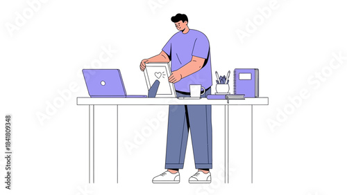 A person placing a picture frame on a desk next to a laptop and stationary setup