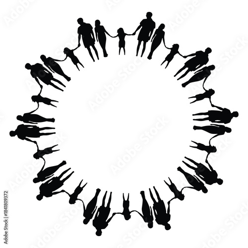 Unity Circle Clipart – Black Silhouettes of Adults & Children Holding Hands Around Blank Center for Community Designs