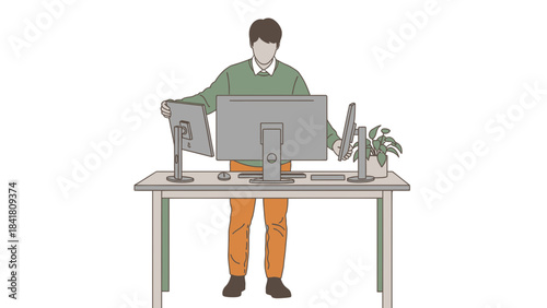 A person setting up multiple computer screens on a desk in a modern office illustration