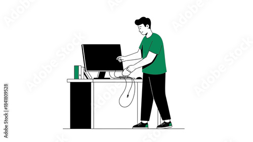 An illustration of a person setting up or working on a computer at the desk