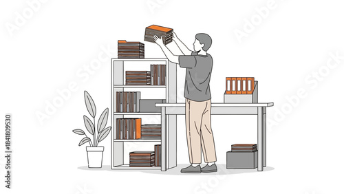 An illustration of a person organizing files or working in the office, line art style