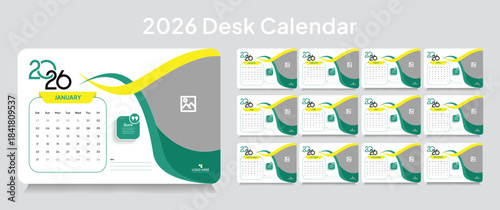 Customizable desk calendar 2026 template, corporate desk calendar schedule 2026 monthly 12-page planner layout, editable vector eps 10 file format