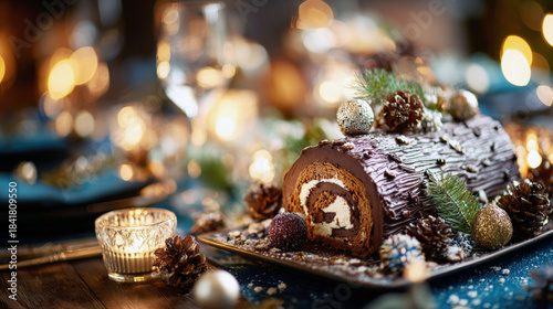 Decadent Chocolate Buche de Noel (Yule Log) Dessert: Rich Cocoa Cake Rolled with Cream Filling, Topped with Chocolate Bark Frosting, Pine Cones, and Ornaments, on a Festive Holiday Dining Table