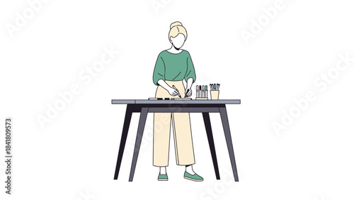 An illustration of a woman working at a table creating or making something on paper