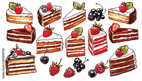 Hand-drawn pattern with cake slices and berries, vintage sketch style