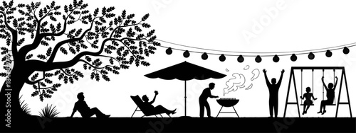 Black Silhouette Vector of a Lively Backyard BBQ Party Scene with Friends Grilling, Relaxing, and Playing on Swings Under a Large Shaded Tree.
