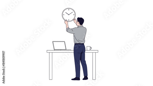 Businessman hanging a clock in the office setting, modern work environment concept