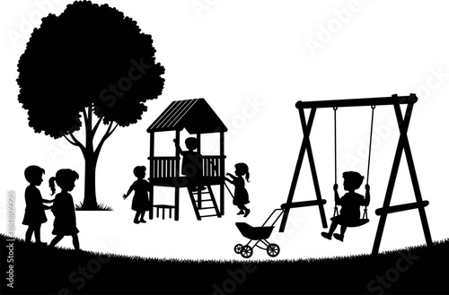Black Silhouette Vector of Children Playing in a Park Playground with Swings, Slide Structure, Tree, and Grass, Representing Childhood and Fun.