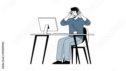 Customer service representative working in modern office with headset, computer and the desk