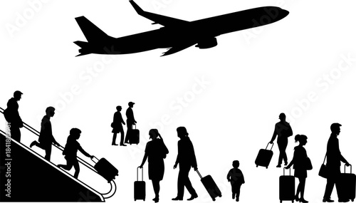 Black Silhouette Vector of People Traveling with Luggage at Airport Terminal and a Commercial Airplane Taking Off, Representing Travel and Vacation.