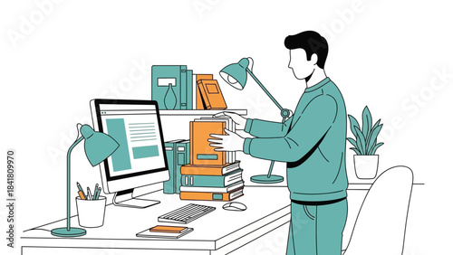 Illustration depicting a person at a desk with books and a computer, studying