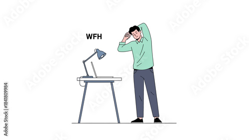 Illustration depicting a person stretching while working from home near a laptop