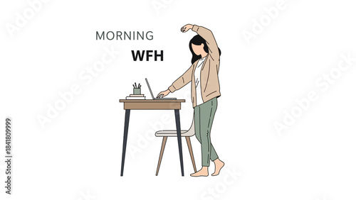 Illustration depicting a person working from home in the morning with stretching posture work