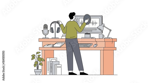 Illustration of a man in a home studio recording audio for podcast broadcasting or content creating