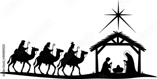 Black Silhouette Vector of the Three Wise Men (Magi) Riding Camels to the Stable to Visit Baby Jesus, Mary, and Joseph at the Nativity Scene.