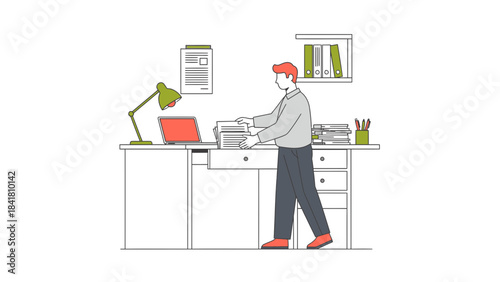 Illustration of a man in an office organizing papers and related office equipment illustration