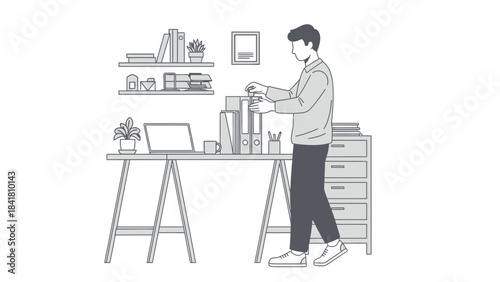 Illustration of a man in an office organizing files and working on a desk