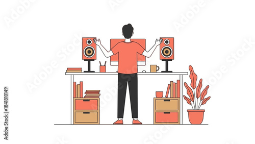 Illustration of a man in front of computer with speakers working on audio production
