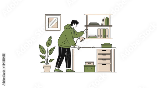 Illustration of a man in his home office working at his desk with books and plant