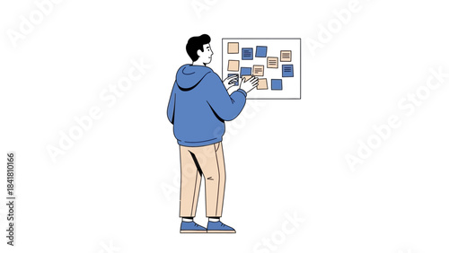 Illustration of a man interacting with sticky notes on a board in a minimalist style