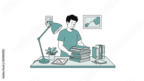 Illustration of a man organizing books on a desk inside his room minimal design