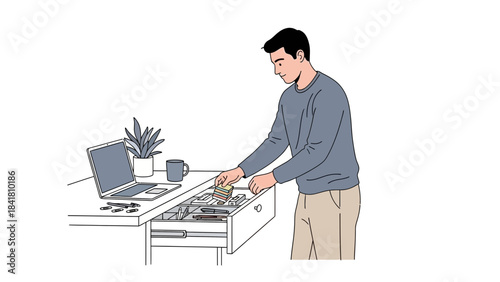 Illustration of a man organizing a desk drawer with office supplies and a laptop