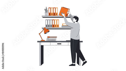 Illustration of a man organizing files and documents in an office environment