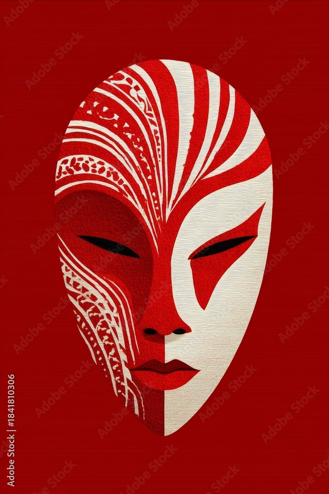 Naklejka premium Minimalistic African mask illustration with red and white geometric patterns evokes cultural heritage and ethnic art themes