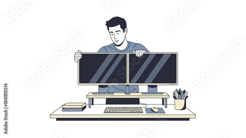 Illustration of a Man with Dual Monitors at a Desk, work, technology, modern