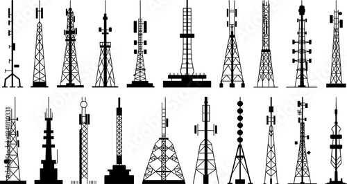 Black Silhouette Vector Set of 20 Different Telecommunication Towers and Masts, Including Cell Phone Antennas and Radio Broadcast Structures, Representing Global Connectivity.