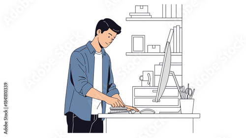Illustration of a man working at his desk with a computer and office supplies on shelves