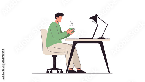 Illustration of a man working from home and drinking coffee near a laptop computer