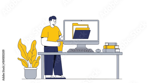 Illustration of a man working on a computer and drinking with a plant on the side