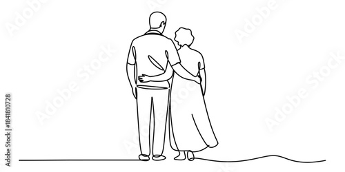 Elderly couple embracing and looking into the distance, depicted in a minimalist single line drawing art style on a white background, symbolizing lasting love and companionship. Vector, illustration
